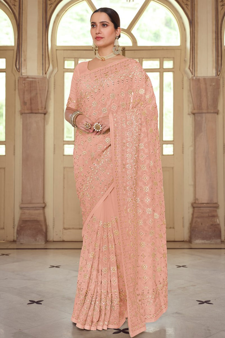 Peach Color Embroidered Georgette Fabric Party Wear Trendy Saree