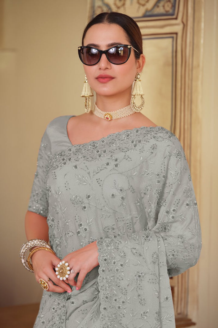 Embroidered Chiffon Fabric Grey Color Sangeet Wear Designer Saree