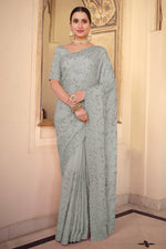 Load image into Gallery viewer, Embroidered Chiffon Fabric Grey Color Sangeet Wear Designer Saree
