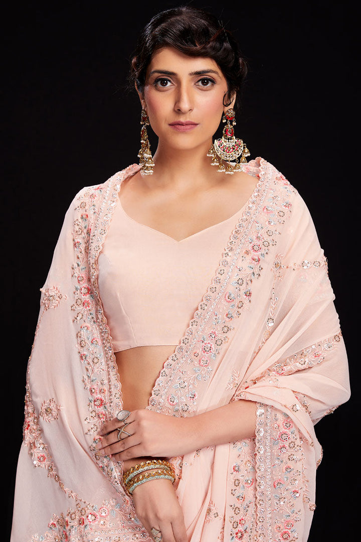 Peach Sequins Work Georgette Saree For Wedding Wear