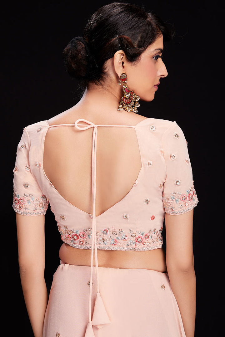 Peach Sequins Work Georgette Saree For Wedding Wear