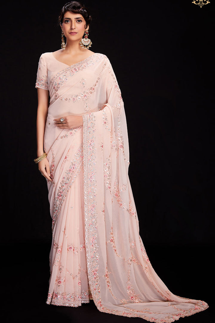 Peach Sequins Work Georgette Saree For Wedding Wear