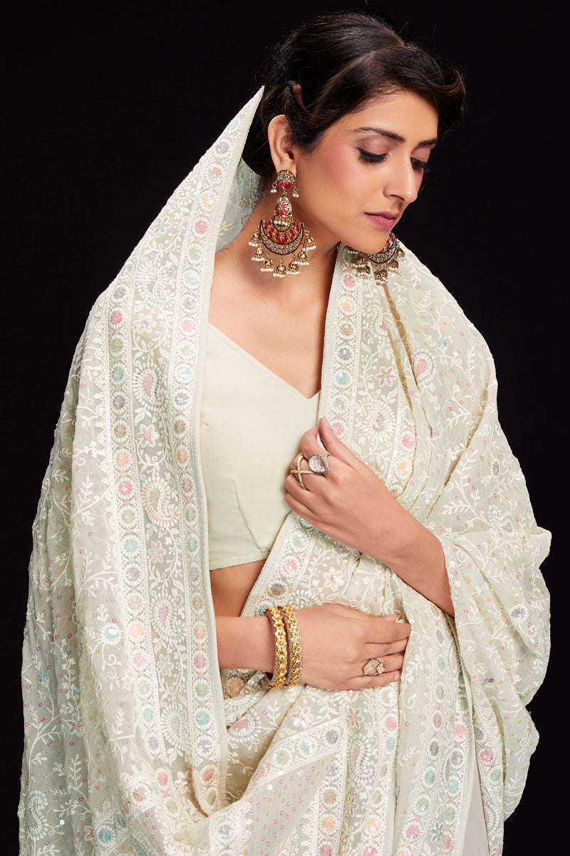 Beige Sequins Work Georgette Saree For Wedding Wear