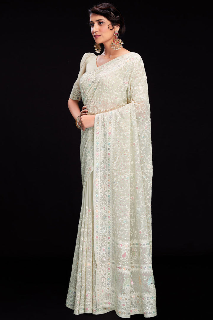 Beige Sequins Work Georgette Saree For Wedding Wear