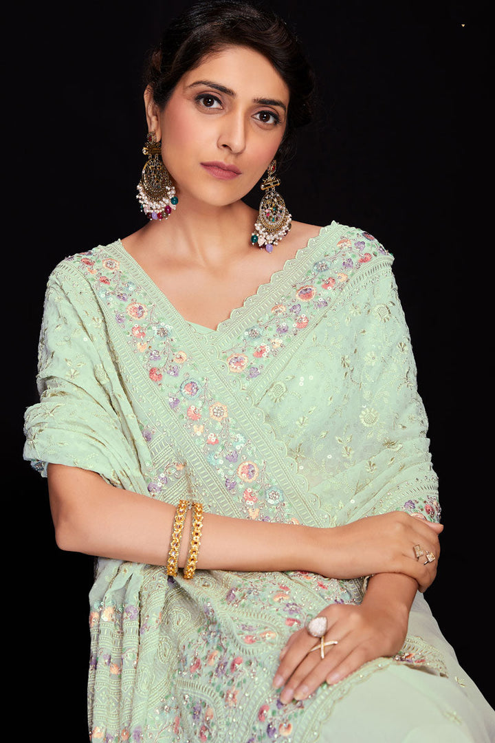Sequins Work Sea Green Georgette Saree For Wedding Wear