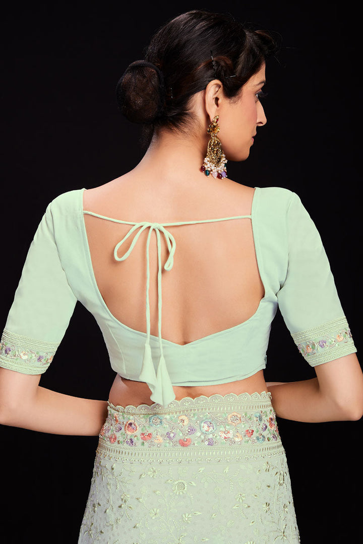 Sequins Work Sea Green Georgette Saree For Wedding Wear