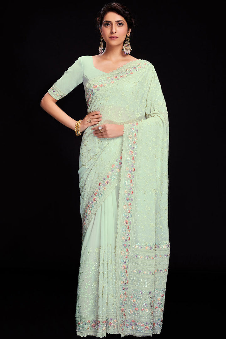Sky Blue Sequins Work Georgette Saree For Wedding Wear