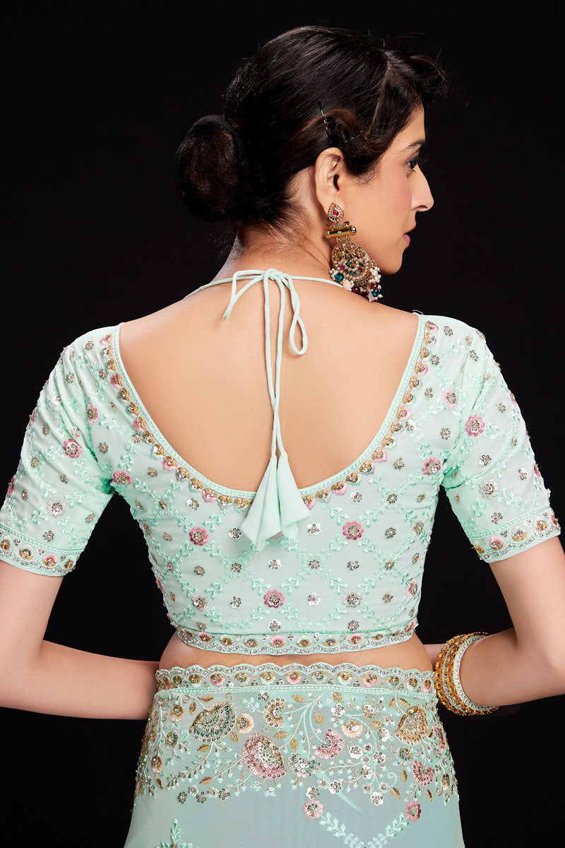 Sky Blue Sequins Work Georgette Saree For Wedding Wear