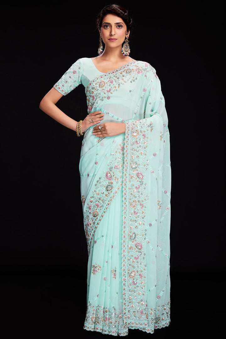 Sky Blue Sequins Work Georgette Saree For Wedding Wear
