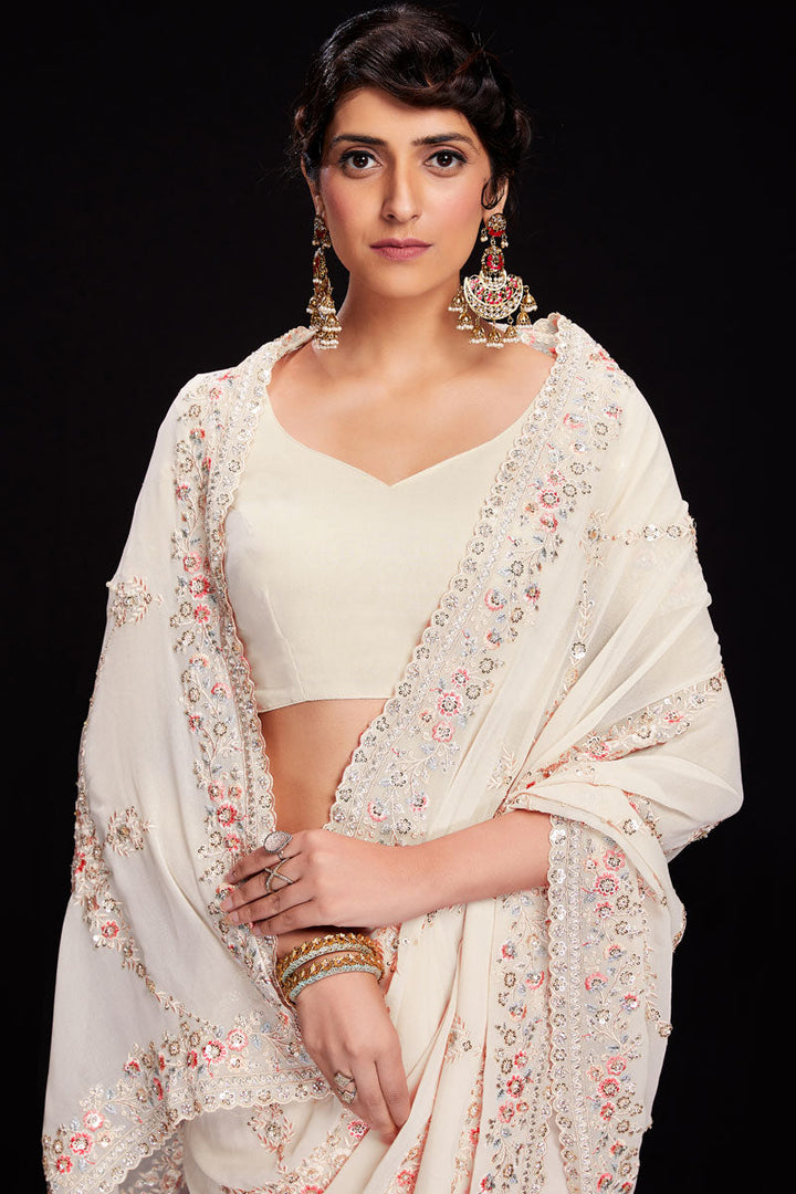 White Sequins Work Georgette Saree For Wedding Wear