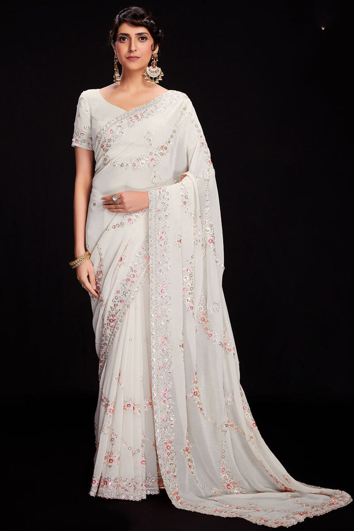 White Sequins Work Georgette Saree For Wedding Wear