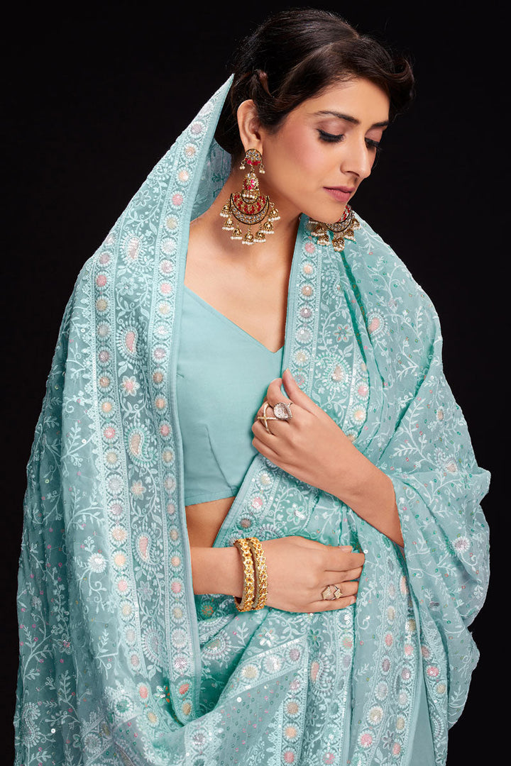 Cyan Sequins Work Georgette Saree For Wedding Wear