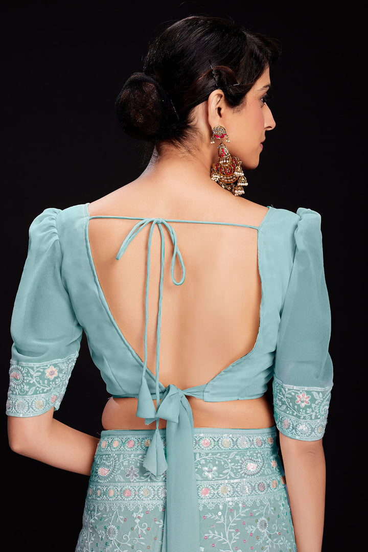 Cyan Sequins Work Georgette Saree For Wedding Wear