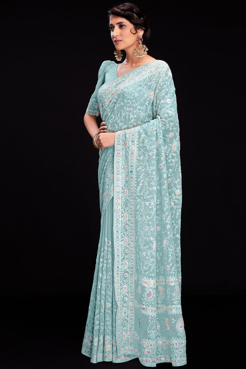 Cyan Sequins Work Georgette Saree For Wedding Wear