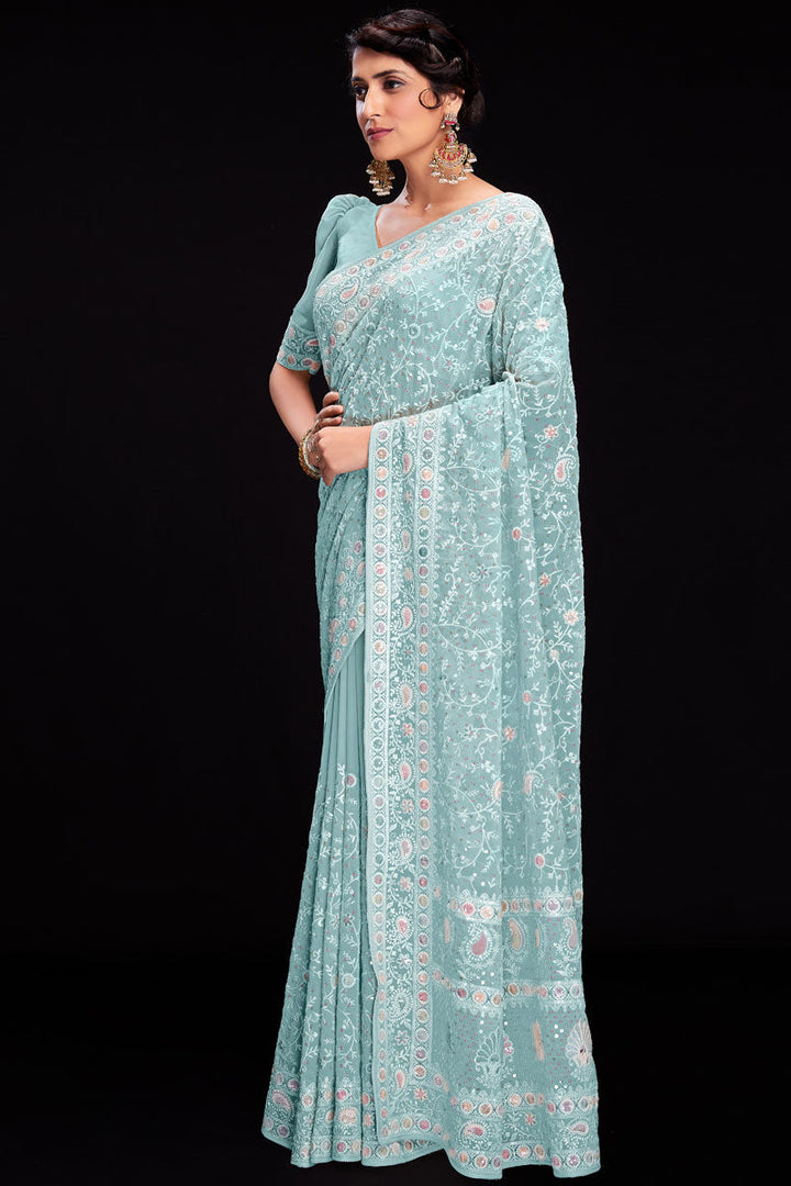 Cyan Sequins Work Georgette Saree For Wedding Wear