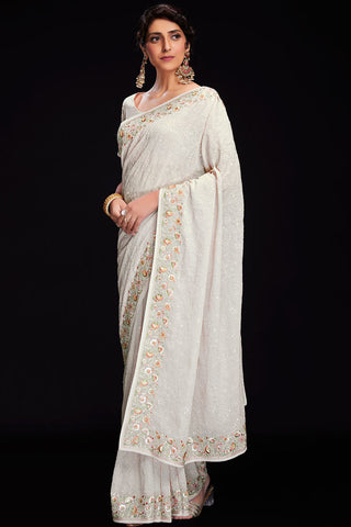 Sequins Stunning Georgette Saree For Wedding Wear In White Color