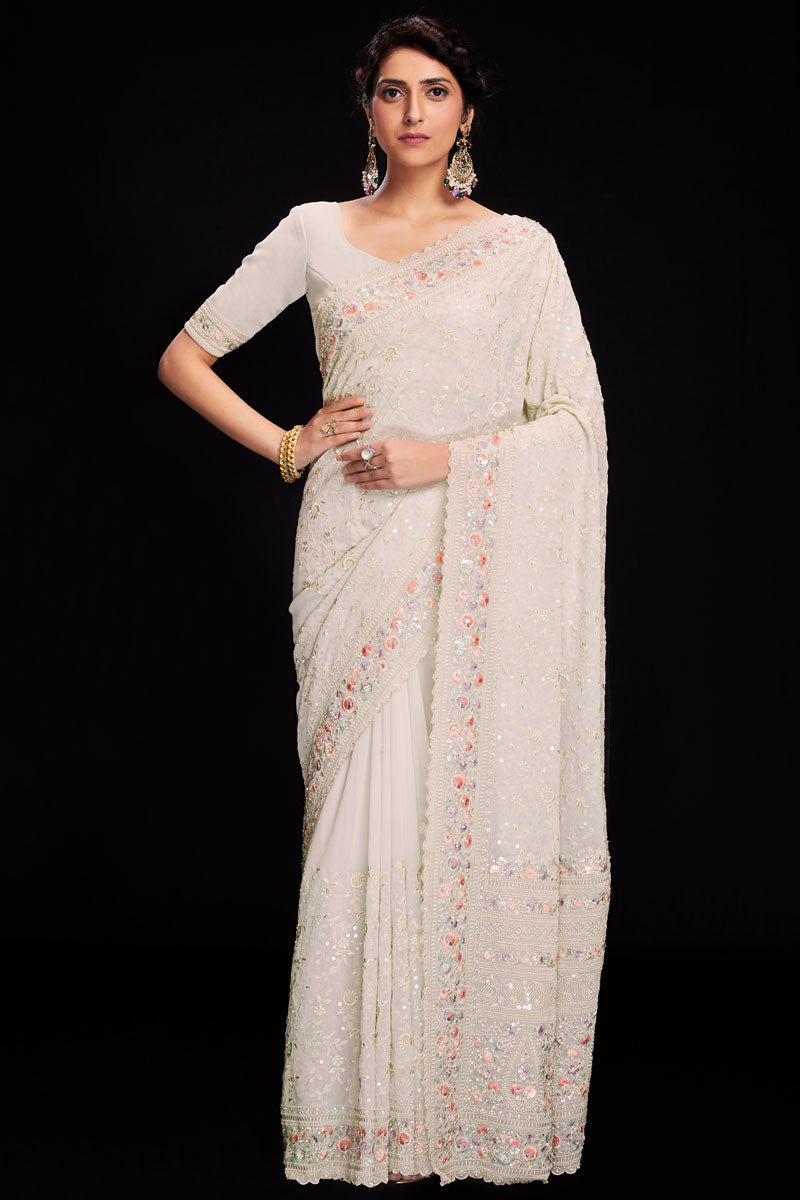 Off White Sequins Designs Georgette Saree For Wedding Wear