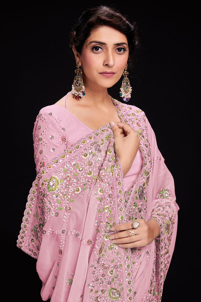 Pink Sequins Work Georgette Saree For Wedding Wear