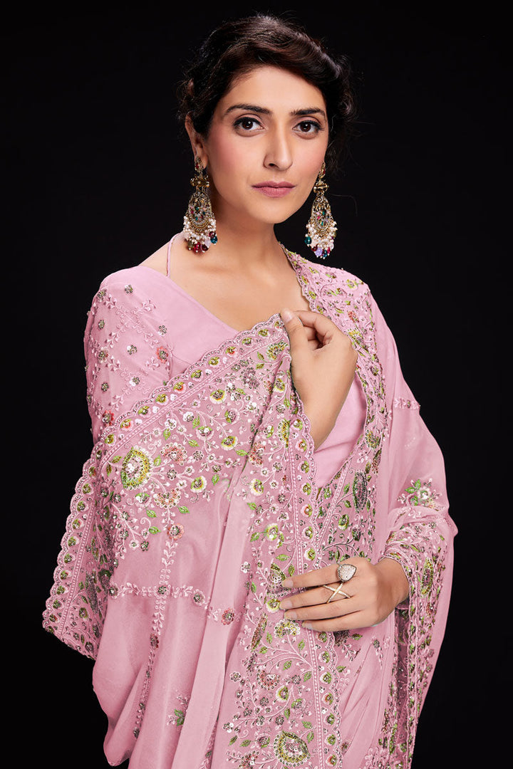 Pink Sequins Work Georgette Saree For Wedding Wear