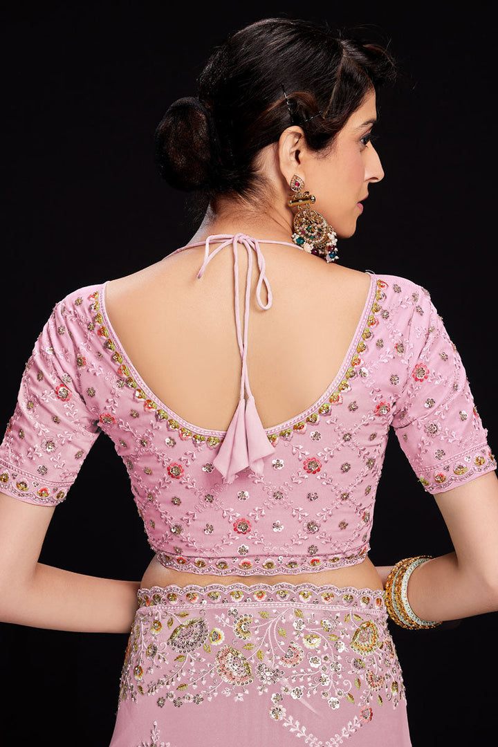 Pink Sequins Work Georgette Saree For Wedding Wear