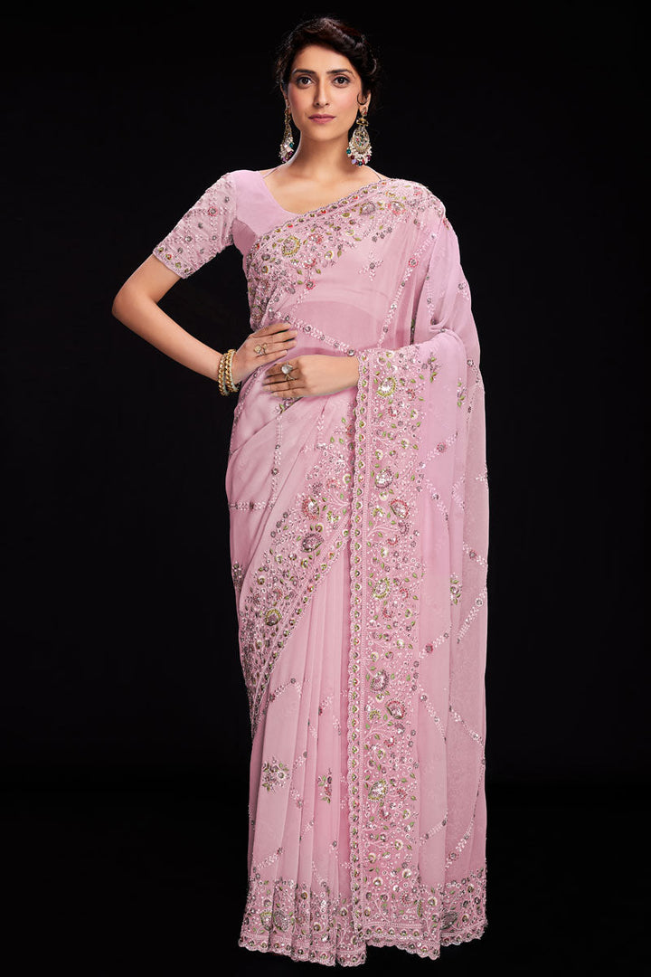Pink Sequins Work Georgette Saree For Wedding Wear