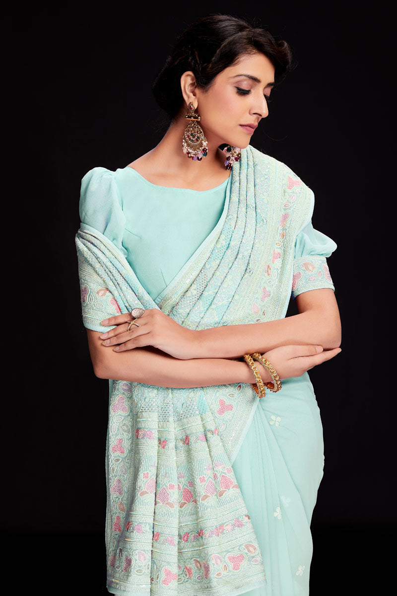 Sequins Work Light Cyan Georgette Saree For Wedding Wear