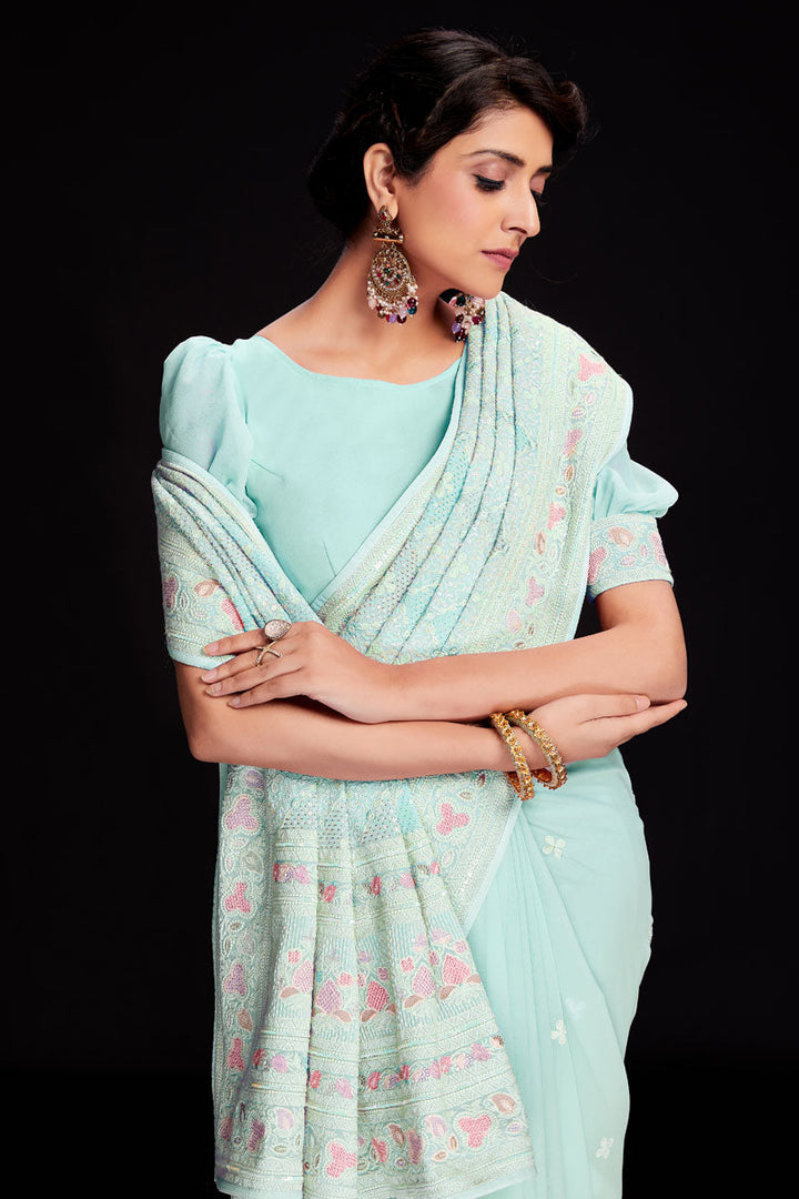 Sequins Work Light Cyan Georgette Saree For Wedding Wear