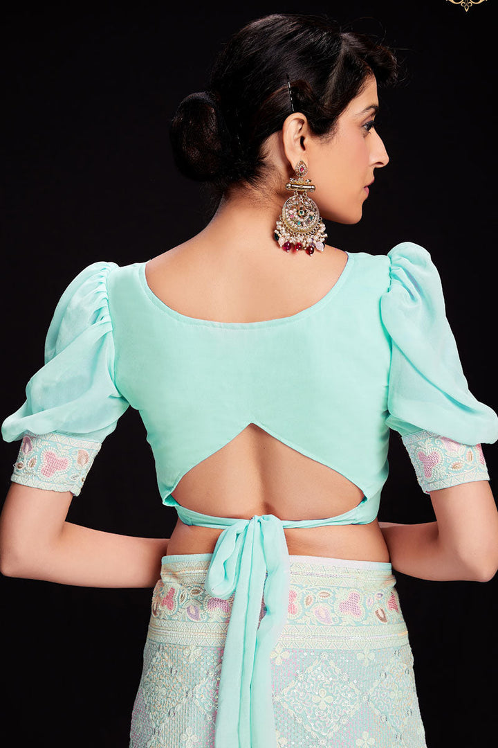 Sequins Work Light Cyan Georgette Saree For Wedding Wear