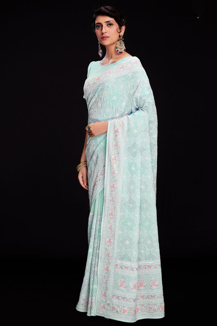 Sequins Work Light Cyan Georgette Saree For Wedding Wear