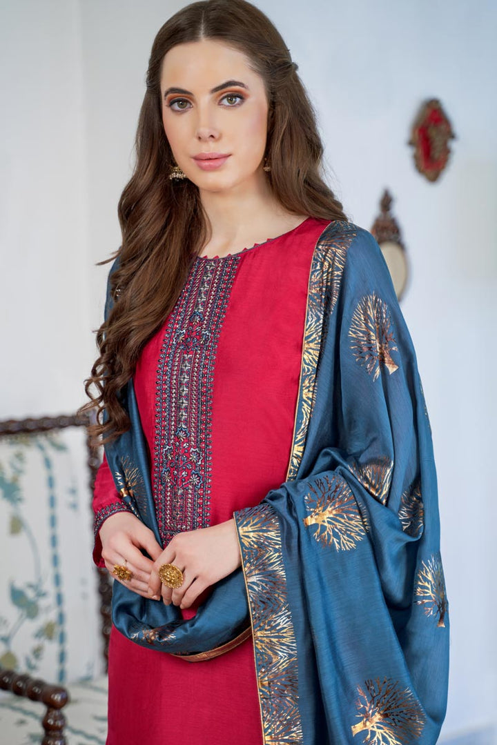 Cotton Fancy Embroidered Casual Wear Salwar Kameez In Pink
