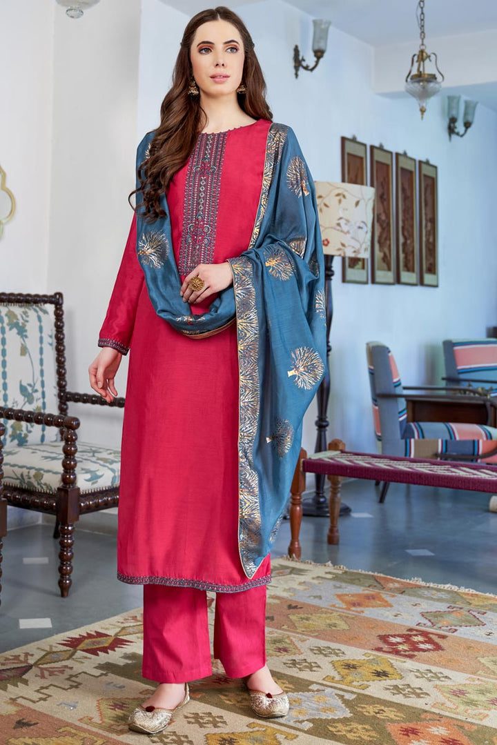 Cotton Fancy Embroidered Casual Wear Salwar Kameez In Pink