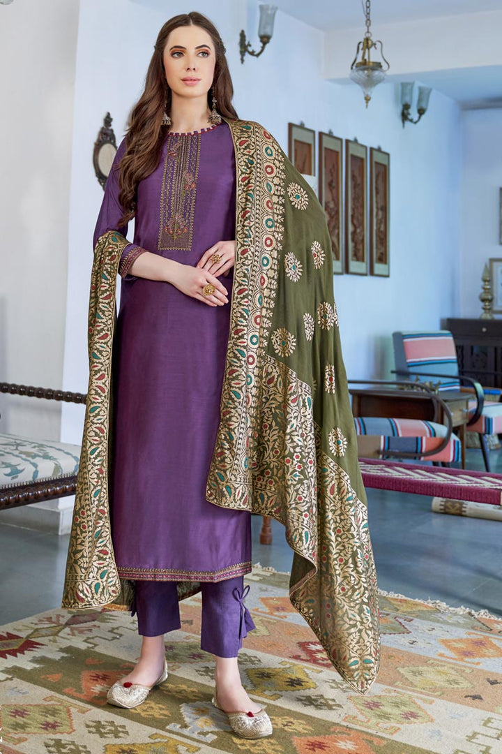 Purple Fancy Embroidered Casual Style Dress In Cotton
