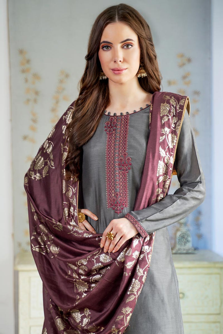 Fancy Casual Style Cotton Embroidered Suit In Grey