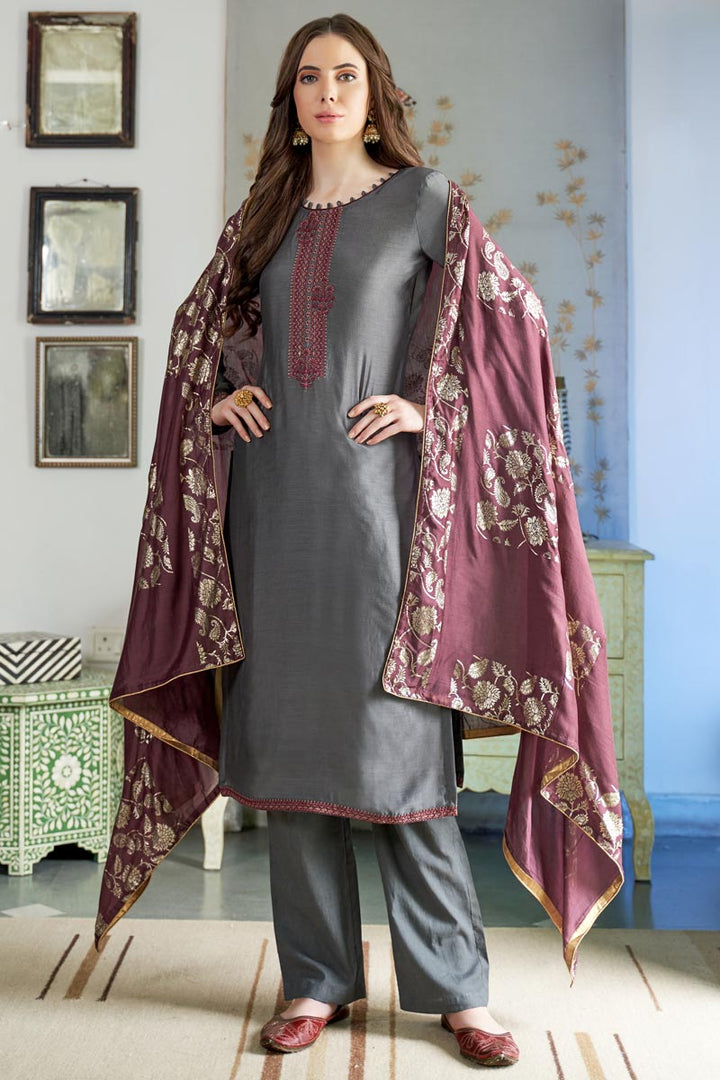 Fancy Casual Style Cotton Embroidered Suit In Grey