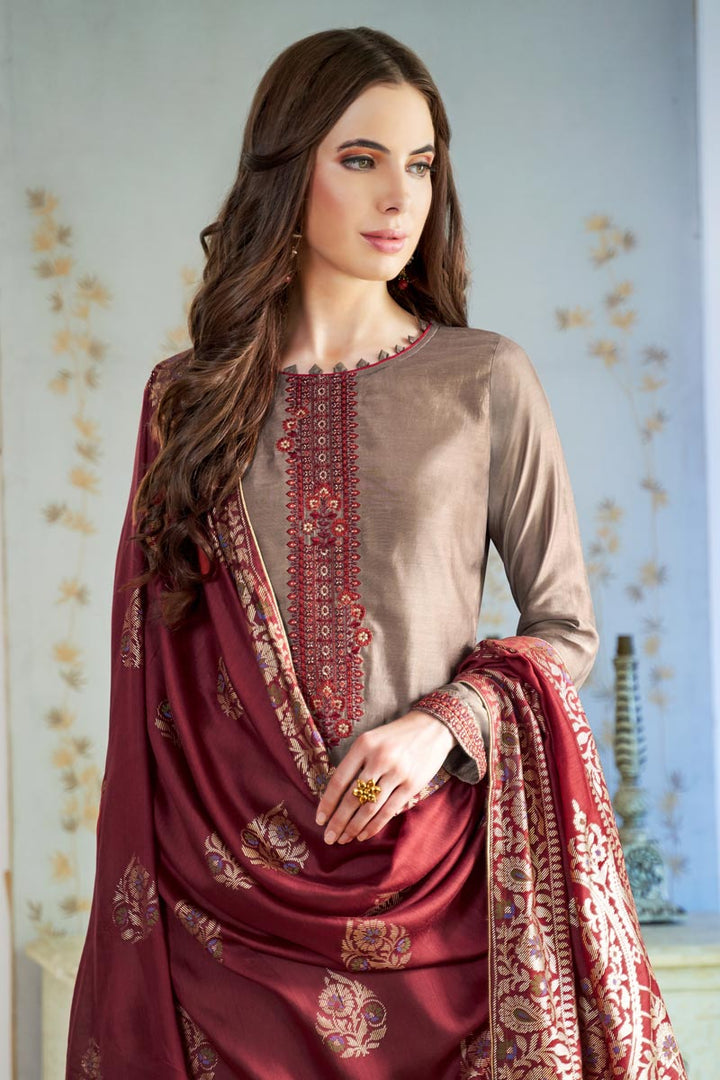 Cotton Dark Beige Fancy Embroidered Casual Style Salwar Suit