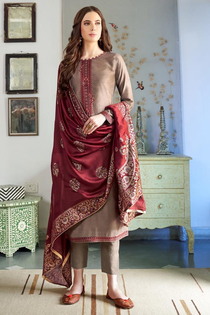 Cotton Dark Beige Fancy Embroidered Casual Style Salwar Suit