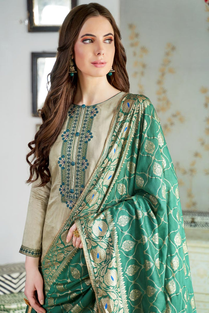 Cream Fancy Embroidered Casual Wear Salwar Kameez In Cotton