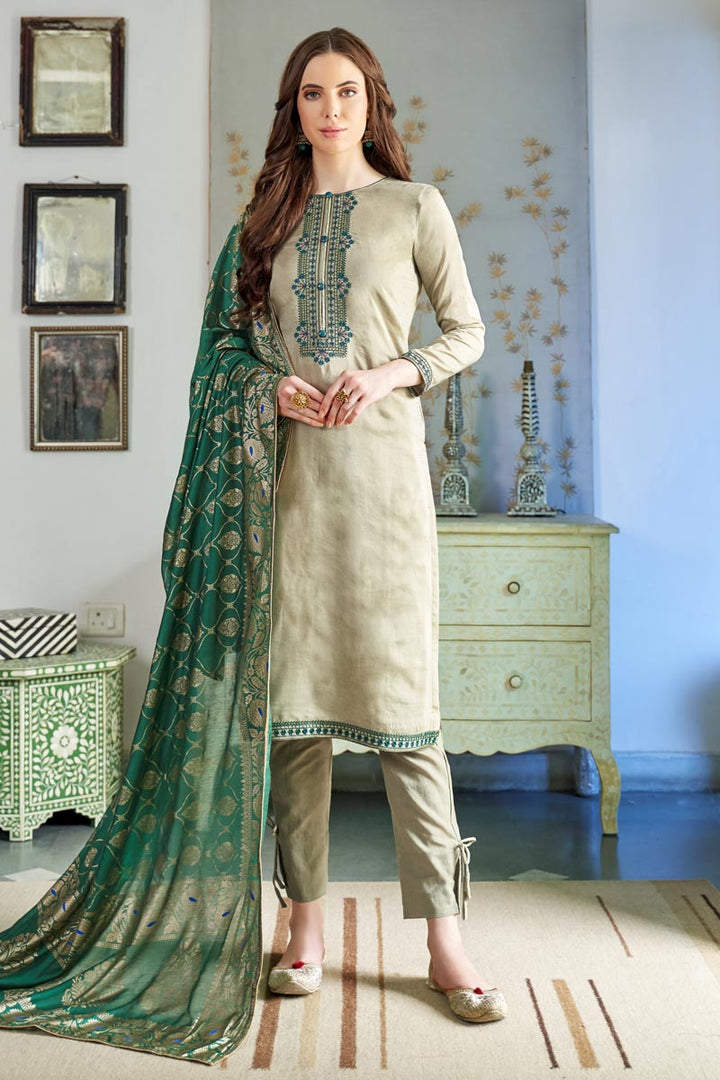 Cream Fancy Embroidered Casual Wear Salwar Kameez In Cotton