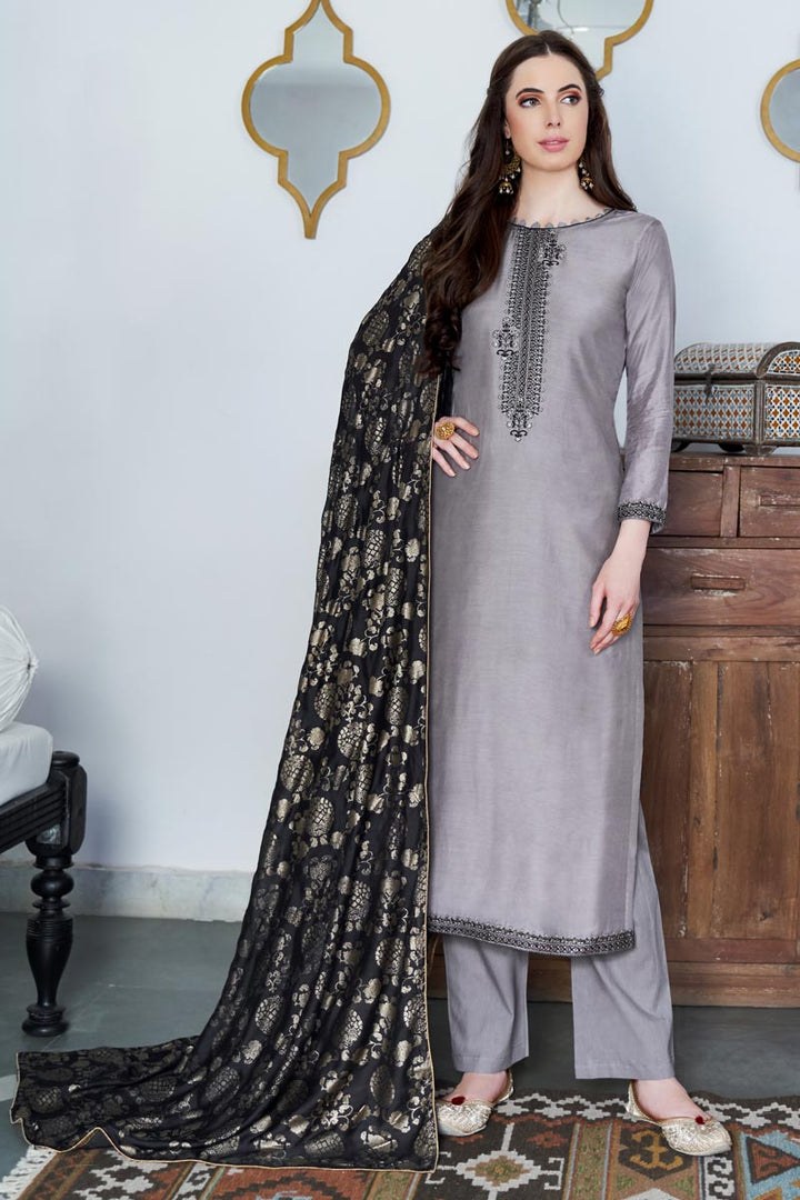 Cotton Fancy Embroidered Casual Style Dress In Grey