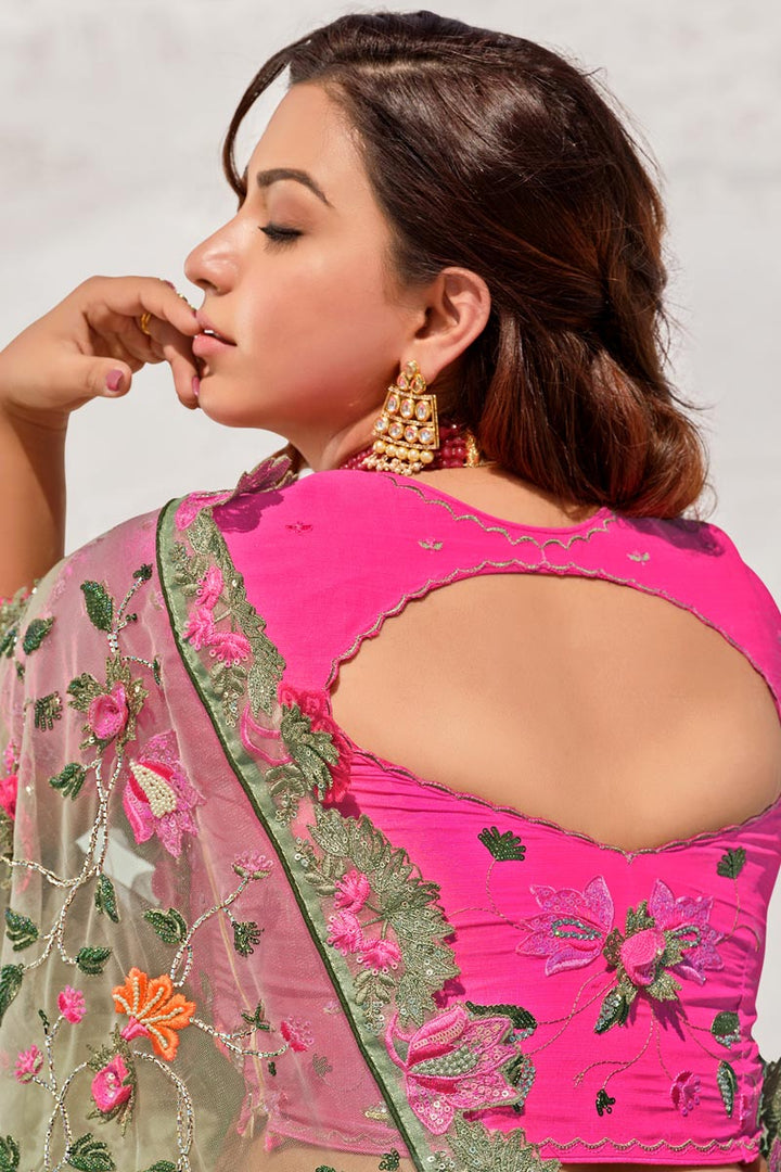Festive Wear Net Fabric Embroidered Saree In Sea Green Color