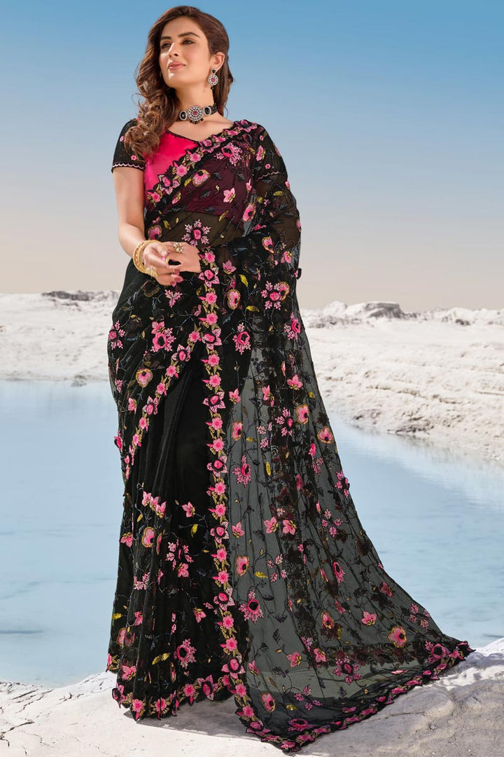 Designer Embroidered Party Wear Black Color Saree In Net Fabric