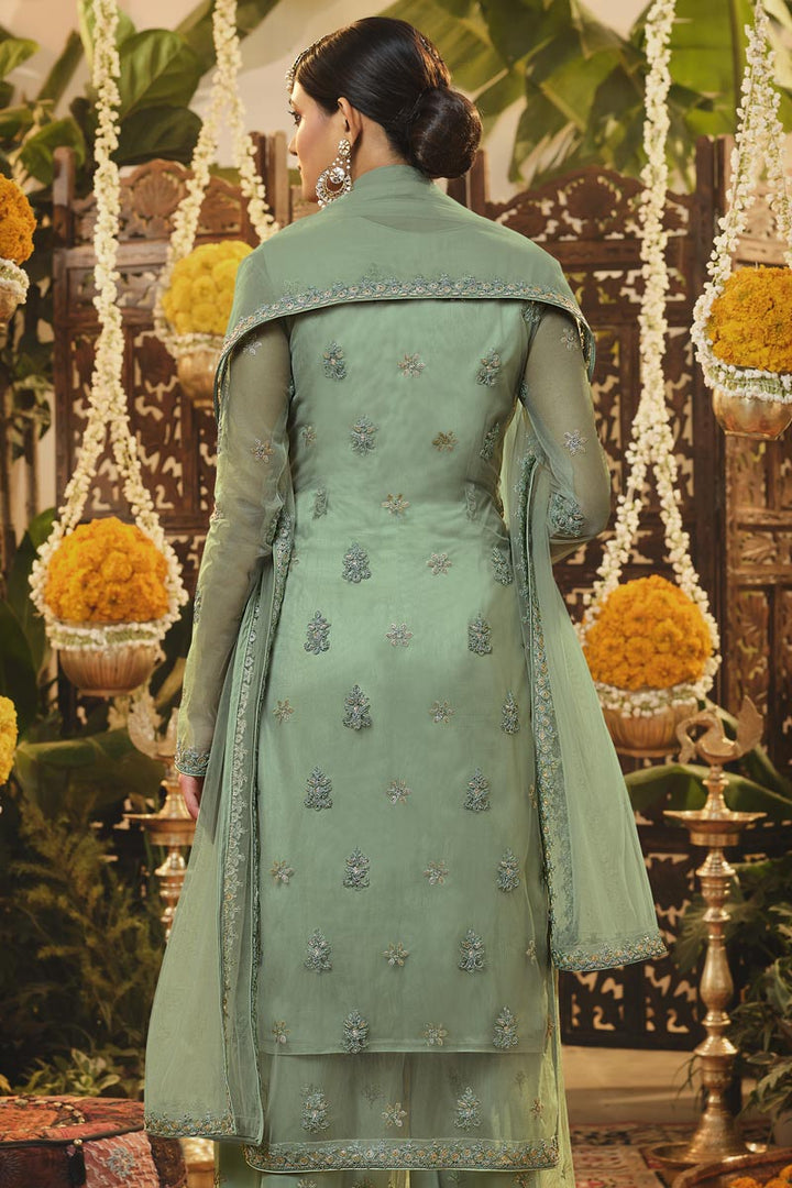 Sea Green Color On Function Wear Net Fabric Luxurious Palazzo Suit In EmbroideSea Green Work