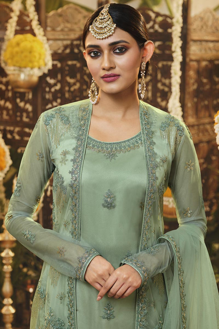 Sea Green Color On Function Wear Net Fabric Luxurious Palazzo Suit In EmbroideSea Green Work