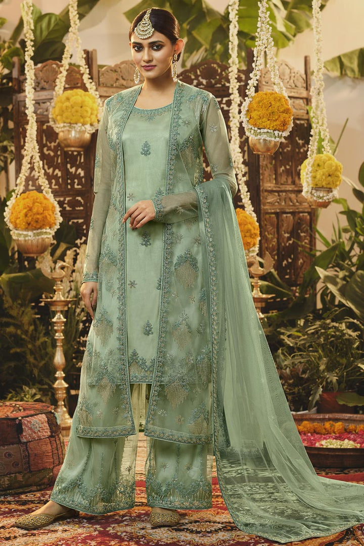 Sea Green Color On Function Wear Net Fabric Luxurious Palazzo Suit In EmbroideSea Green Work
