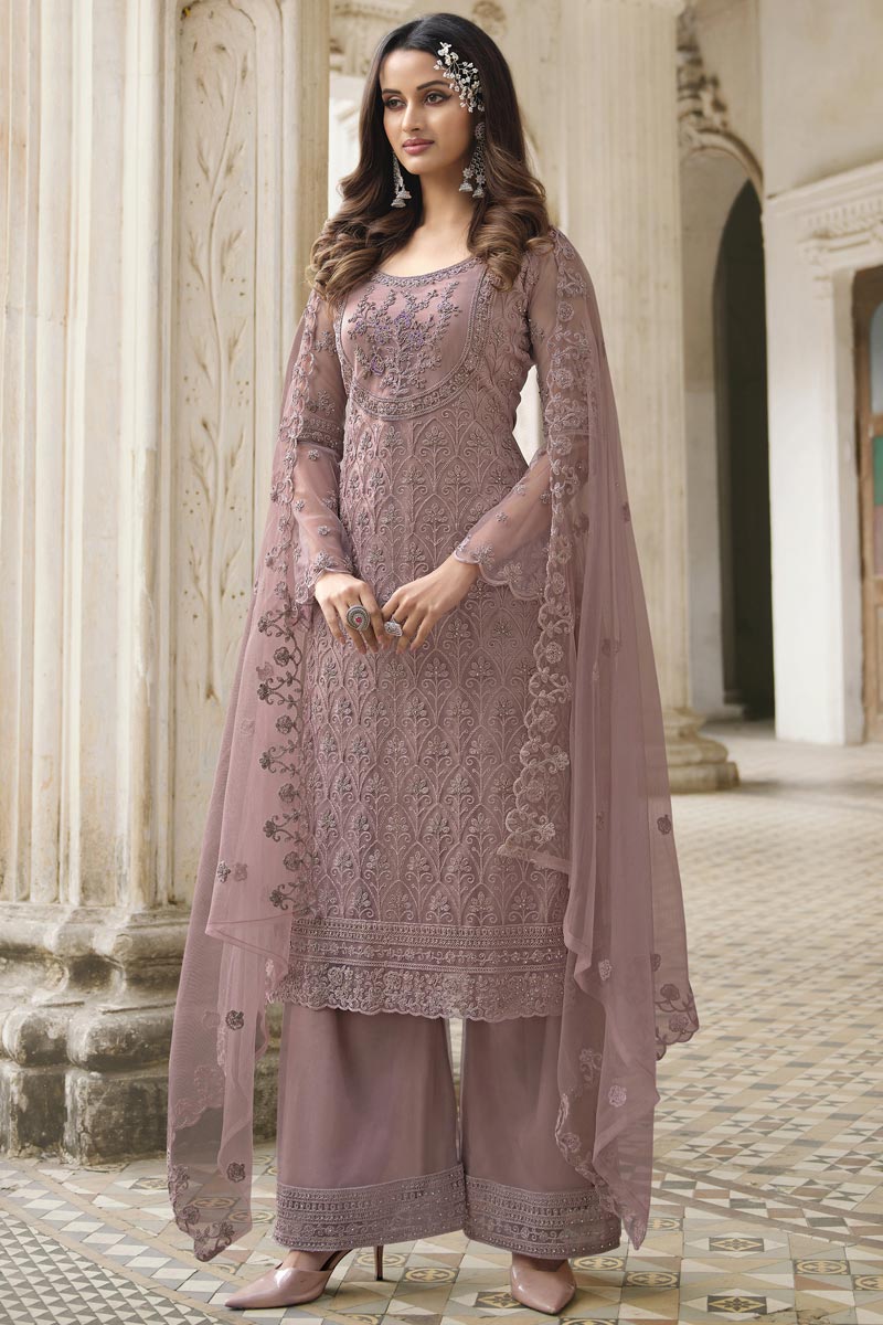Pink Color Net Fabric Palazzo Suit With Intricate Embroidered Work