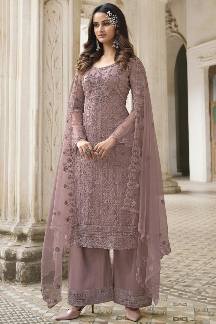 Pink Color Net Fabric Palazzo Suit With Intricate Embroidered Work
