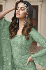 Load image into Gallery viewer, Sea Green Color Net Fabric Precious Palazzo Suit With Embroidered Work
