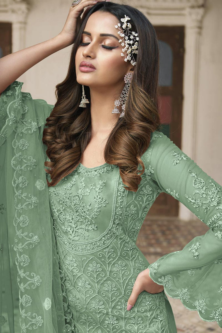 Sea Green Color Net Fabric Precious Palazzo Suit With Embroidered Work
