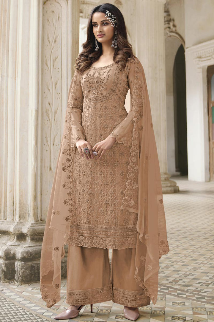 Chikoo Color Net Fabric Embroidered Work Trendy Palazzo Suit