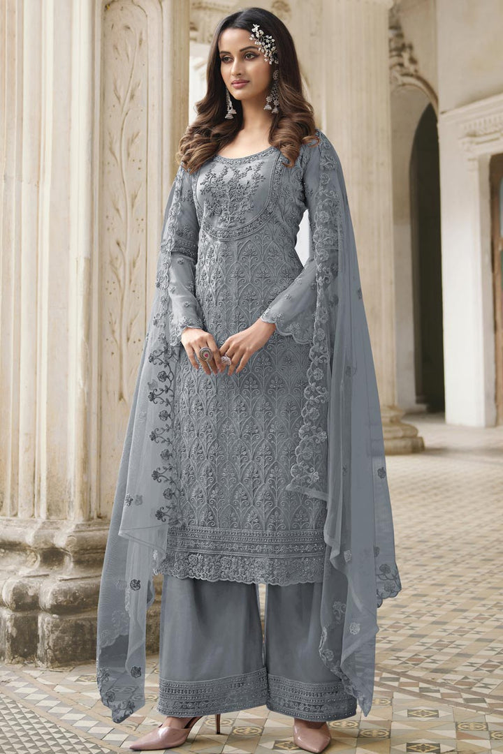 Embroidered Work Grey Color Net Fabric Admirable Palazzo Suit